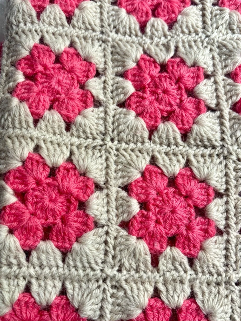 Vintage 70s Boho Crocheted Pink Gray Floral Granny Square Afghan Throw